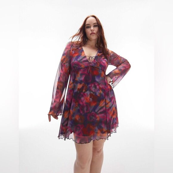 Topshop Curve lettuce edge mesh mini tea dress in pink rose NEW Size Large Curve - Picture 1 of 16
